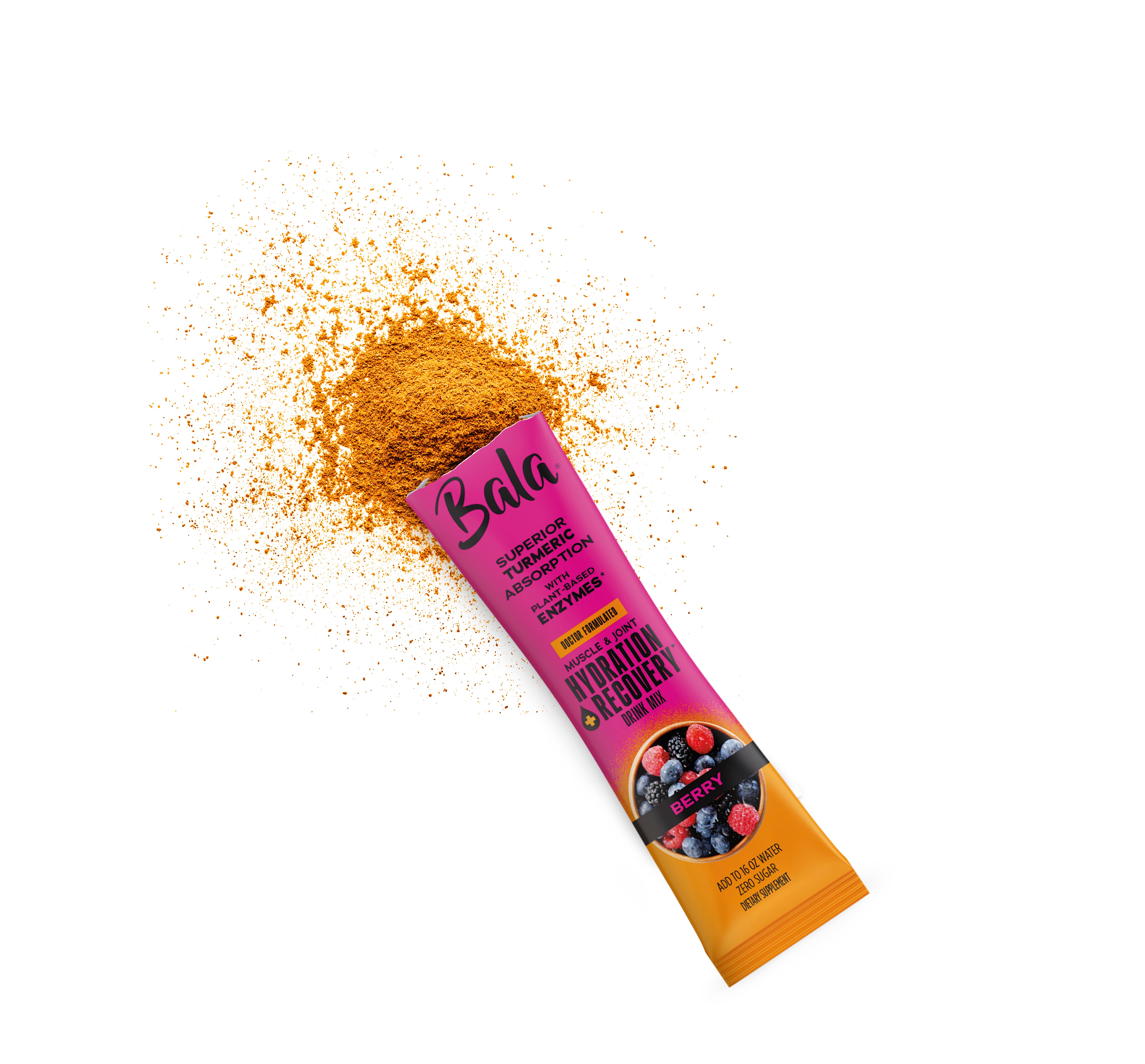 The Bala Enzyme Bala Total Body Wellness Drink Mix is displayed with vibrant powder spilled on a white surface—formulated with plant-based electrolytes to deliver rapid hydration and antioxidant support.