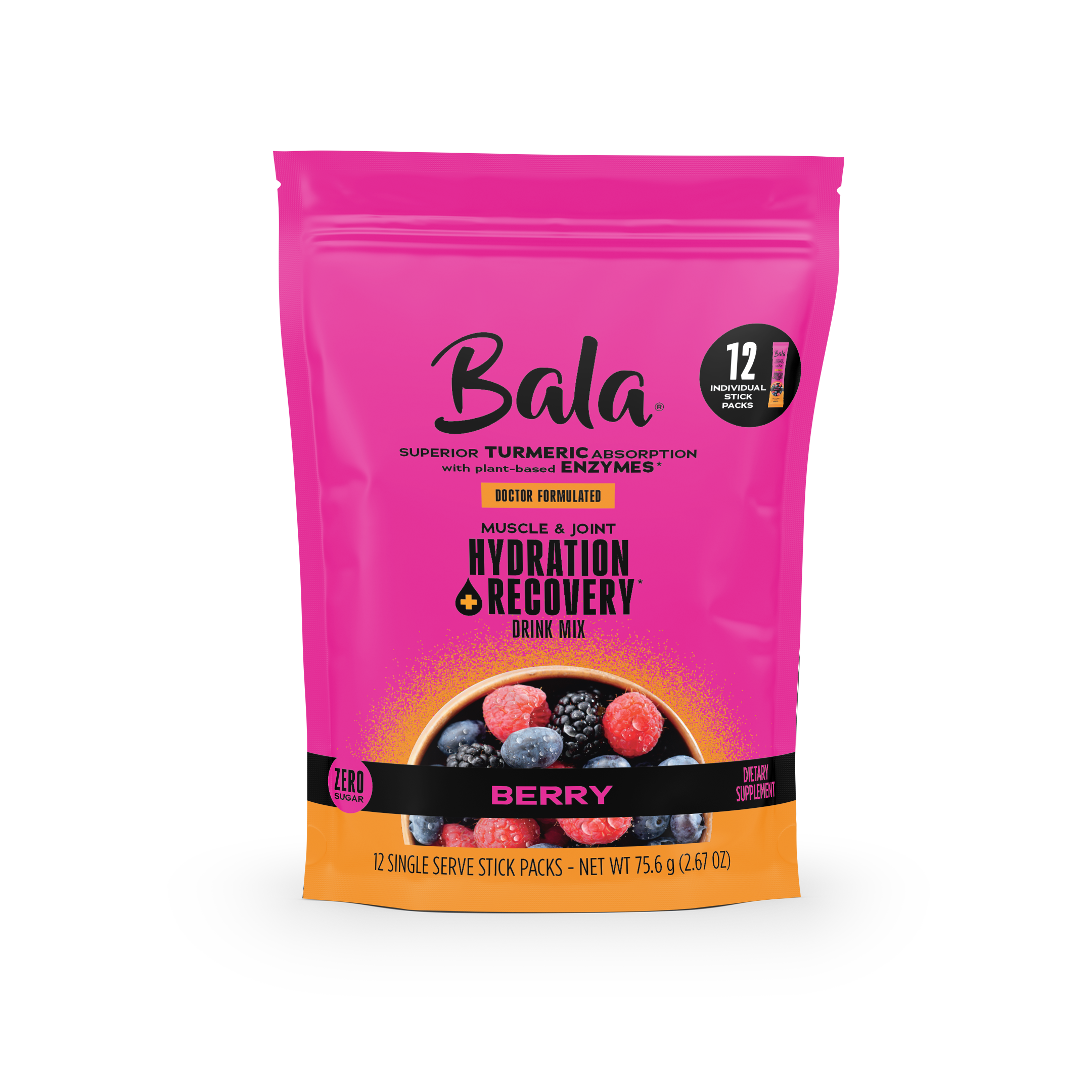 A pink and orange Bala Enzyme Bala Total Body Wellness Drink Mix pouch with berry images, containing 12 single-serve stick packs for rapid hydration and recovery.