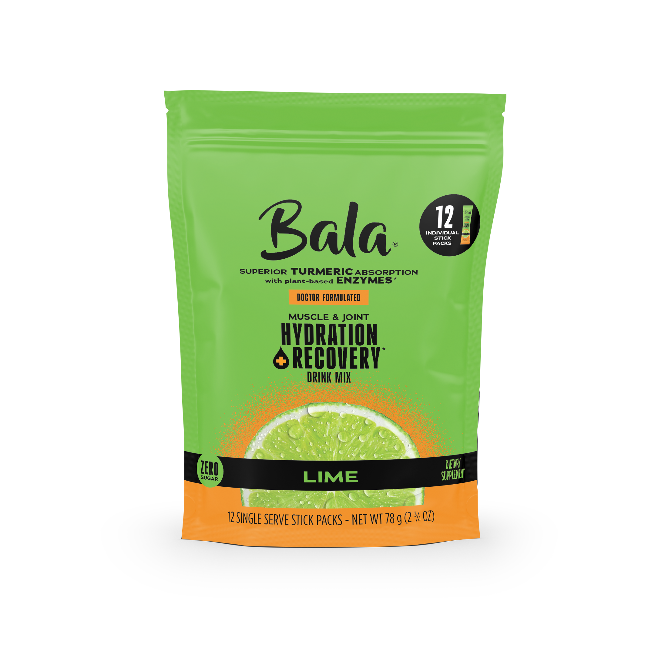 A green and orange Bala Enzyme Bala Total Body Wellness Drink Mix bag, lime flavor, with 12 single-serve stick packs and plant-based electrolytes, featuring a lime slice image on the front.
