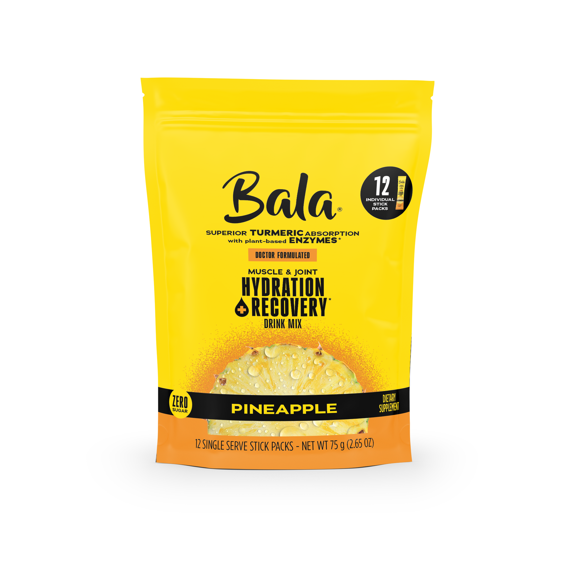 A yellow pouch of Bala Enzyme Bala Total Body Wellness Drink Mix in pineapple flavor, featuring turmeric, enzymes, and plant-based electrolytes, includes 12 single-serve stick packs for rapid hydration and recovery.