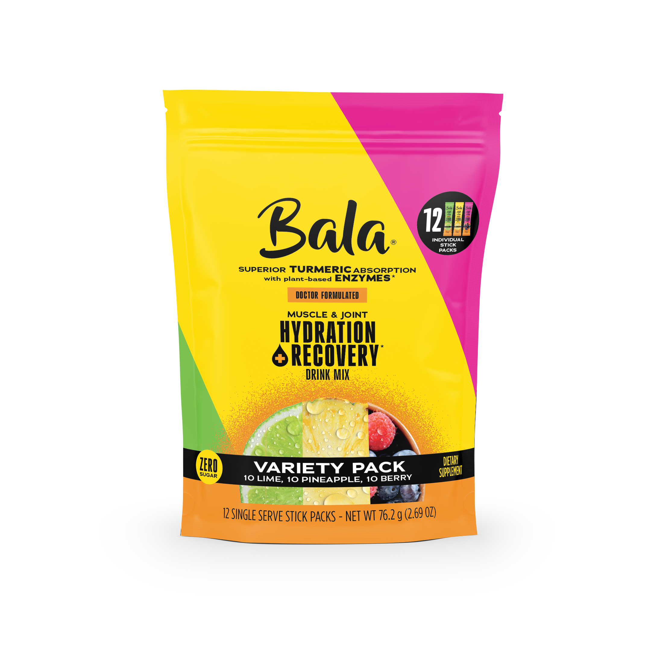 The Bala Enzyme Bala Total Body Wellness Drink Mix variety pack offers 12 single-serve stick packs with turmeric and plant-based electrolytes in lime, pineapple, and berry flavors for fast hydration and recovery.