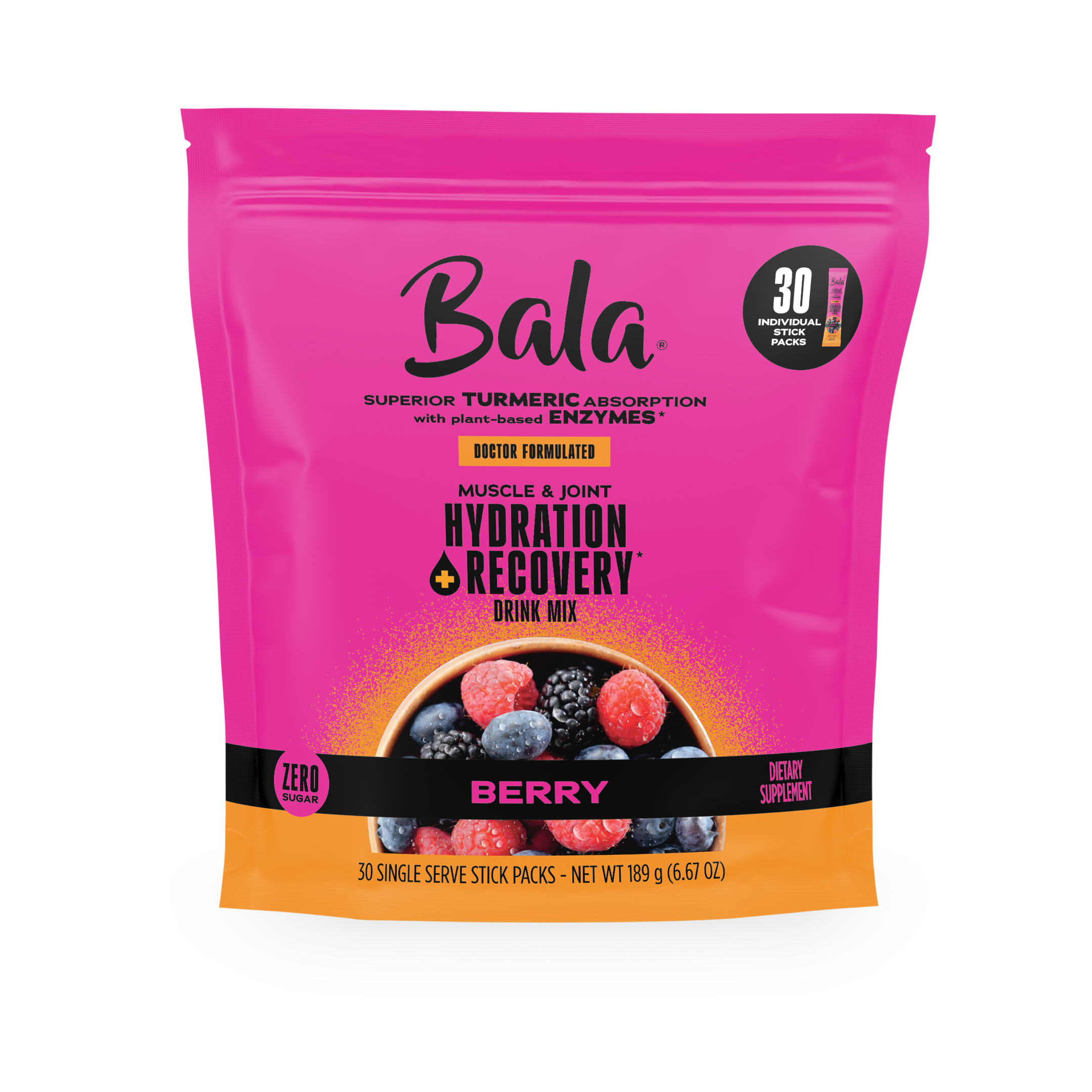A pink and orange Bala Enzyme Bala Total Body Wellness Drink Mix bag in berry flavor, with images of berries, 30 single-serve packs, zero sugar, and plant-based electrolytes for rapid hydration.