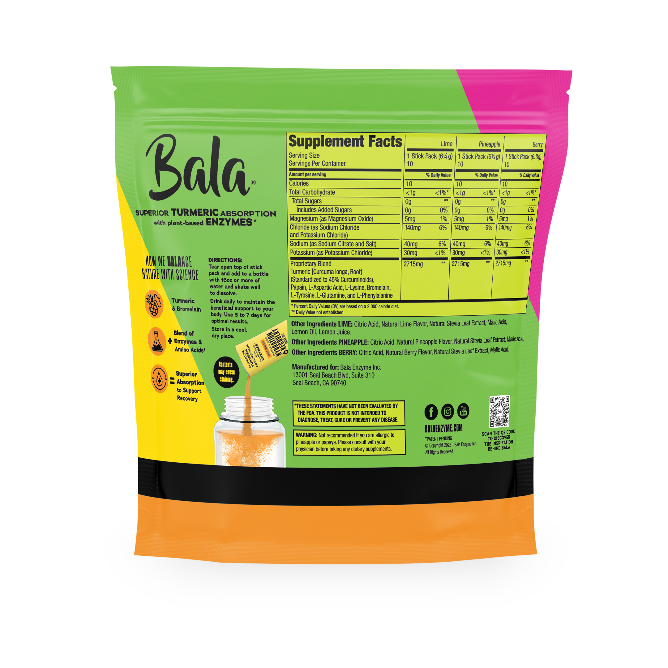 Back of Bala Total Body Wellness Drink Mix bag displays supplement facts, directions, ingredients, Bala Enzyme logo, and vibrant packaging design, highlighting plant-based electrolytes for rapid hydration.
