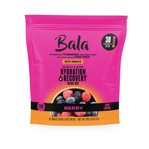 A pink and orange Bala Enzyme Bala Total Body Wellness Drink Mix bag in berry flavor, with images of berries, 30 single-serve packs, zero sugar, and plant-based electrolytes for rapid hydration.