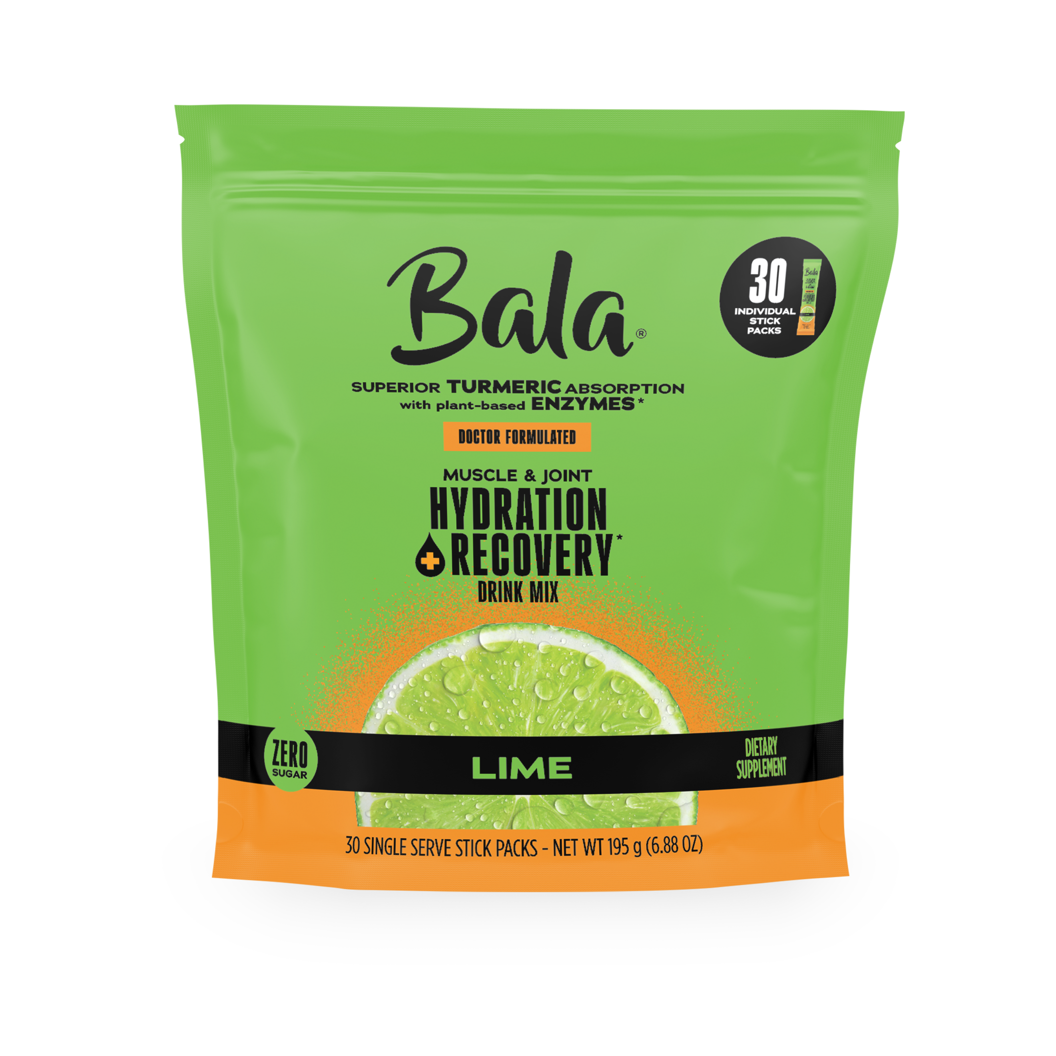 A green and orange Bala Enzyme Bala Total Body Wellness Drink Mix pouch with 30 single-serve stick packs, plant-based electrolytes, doctor-formulated for rapid hydration, zero sugar, dietary supplement.