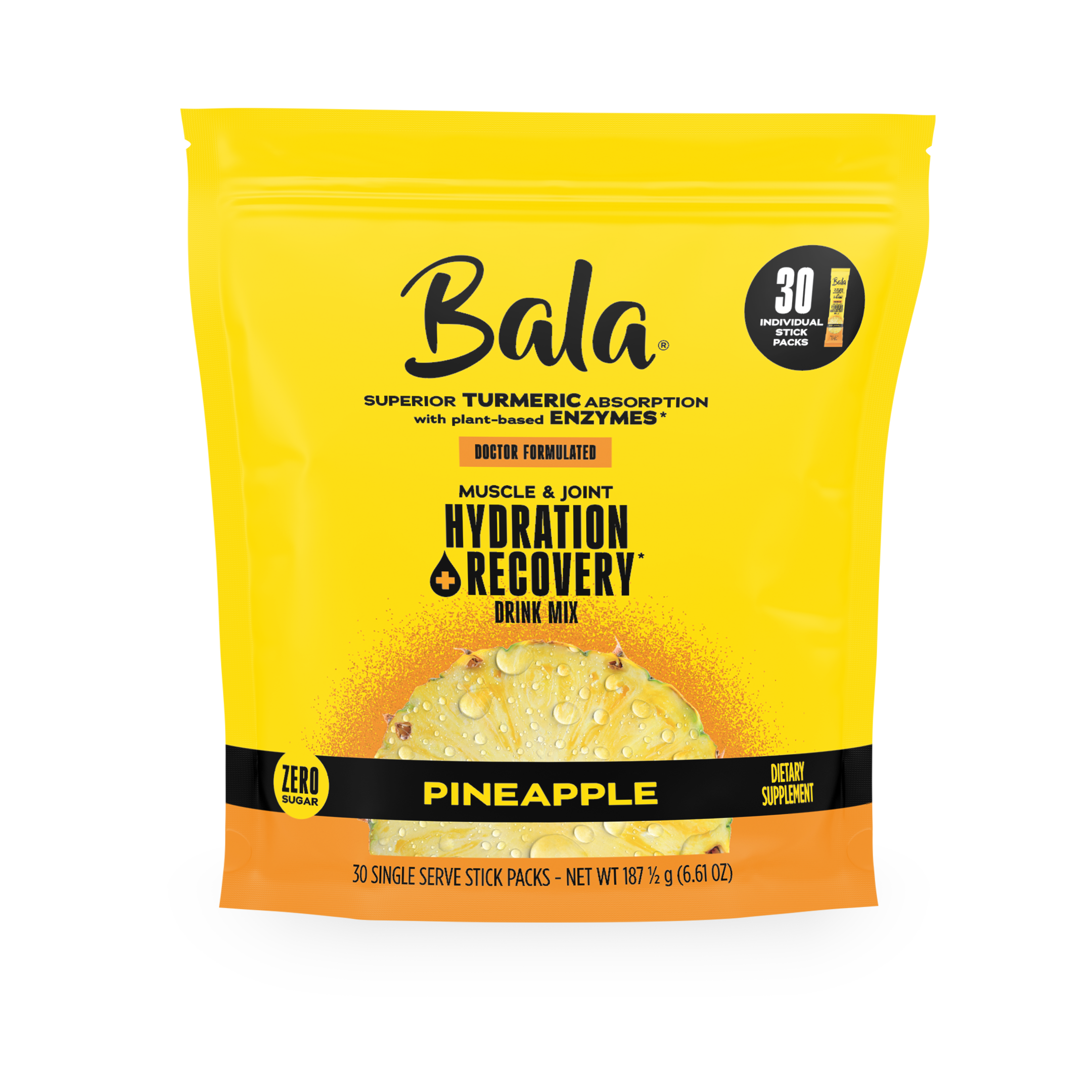 Front view of a yellow Bala Enzyme Total Body Wellness Drink Mix package, pineapple flavor, containing 30 single-serve stick packs with plant-based electrolytes for rapid hydration.