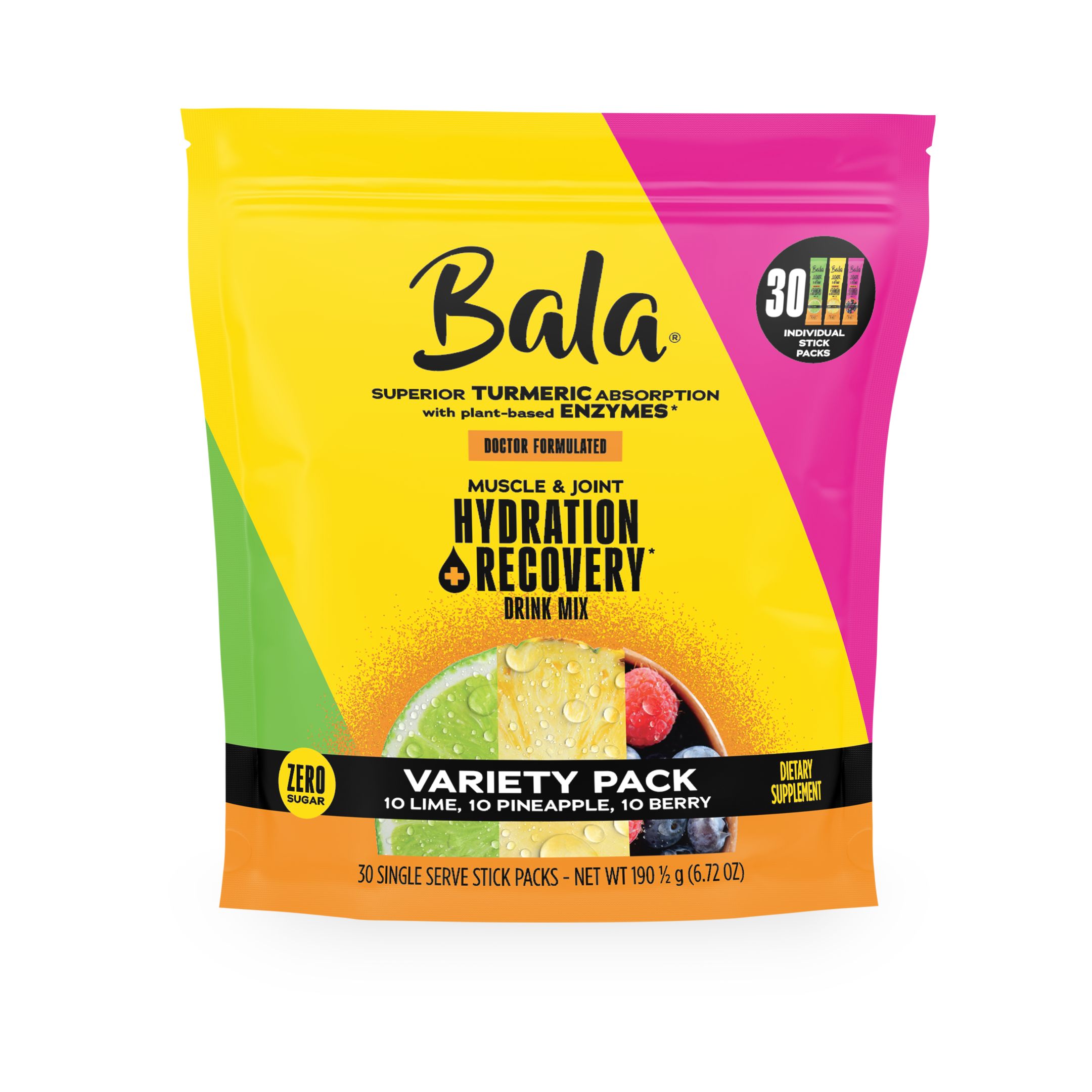 Front view of a Bala Enzyme Bala Total Body Wellness Drink Mix variety pack with 30 single-serve sticks, offering plant-based electrolytes in lime, pineapple, and berry flavors for rapid hydration and recovery.