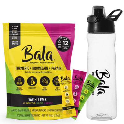 Explore the Bala Total Body Wellness Drink Mix variety pack by Bala Enzyme. It includes plant-based hydration sachets with turmeric, bromelain, papain, essential electrolytes, and a branded water bottle—ideal for enhancing muscle recovery and optimal hydration.