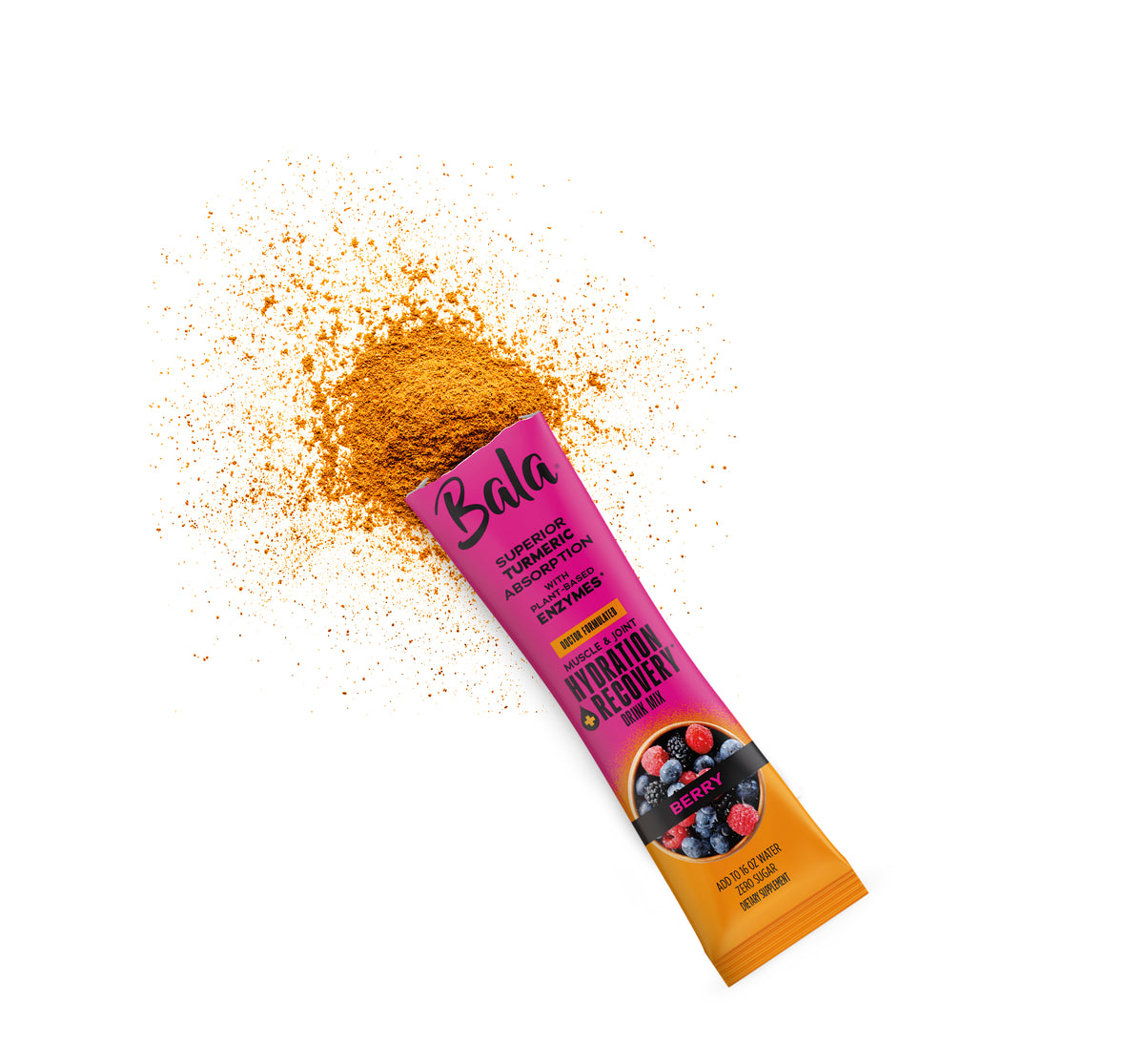 The Bala Enzyme Bala Total Body Wellness Drink Mix is displayed with vibrant powder spilled on a white surface—formulated with plant-based electrolytes to deliver rapid hydration and antioxidant support.