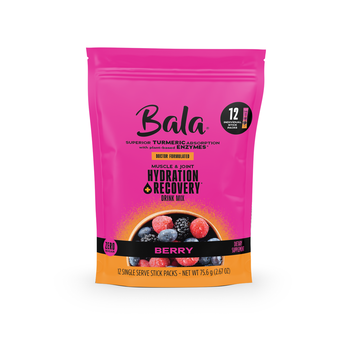 A pink and orange Bala Enzyme Bala Total Body Wellness Drink Mix pouch with berry images, containing 12 single-serve stick packs for rapid hydration and recovery.