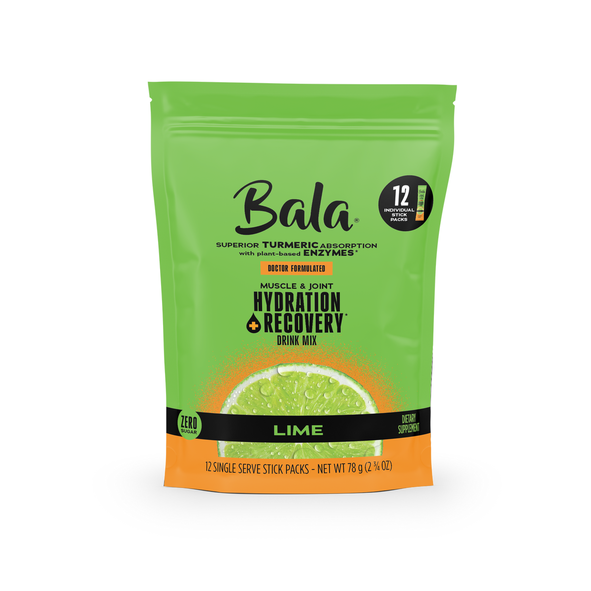 A green and orange Bala Enzyme Bala Total Body Wellness Drink Mix bag, lime flavor, with 12 single-serve stick packs and plant-based electrolytes, featuring a lime slice image on the front.
