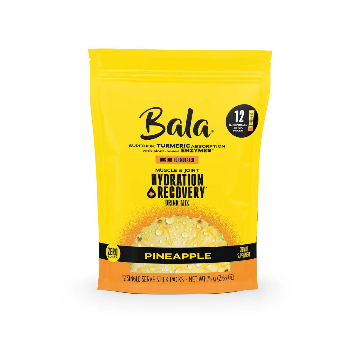 A yellow pouch of Bala Enzyme Bala Total Body Wellness Drink Mix in pineapple flavor, featuring turmeric, enzymes, and plant-based electrolytes, includes 12 single-serve stick packs for rapid hydration and recovery.