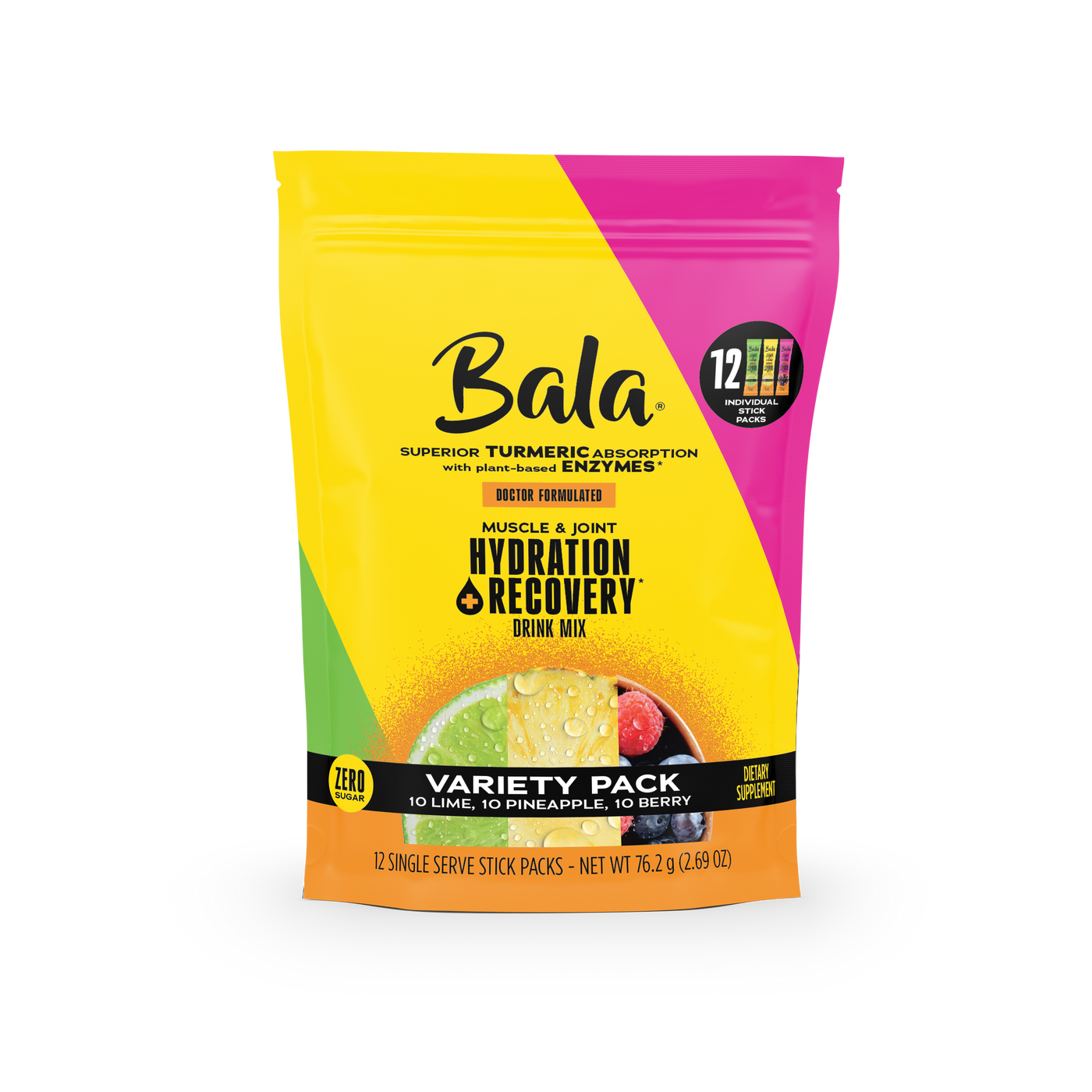 The Bala Enzyme Bala Total Body Wellness Drink Mix variety pack offers 12 single-serve stick packs with turmeric and plant-based electrolytes in lime, pineapple, and berry flavors for fast hydration and recovery.