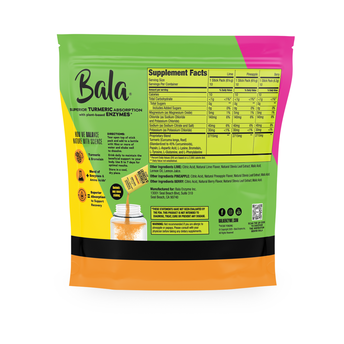 Back of Bala Total Body Wellness Drink Mix bag displays supplement facts, directions, ingredients, Bala Enzyme logo, and vibrant packaging design, highlighting plant-based electrolytes for rapid hydration.