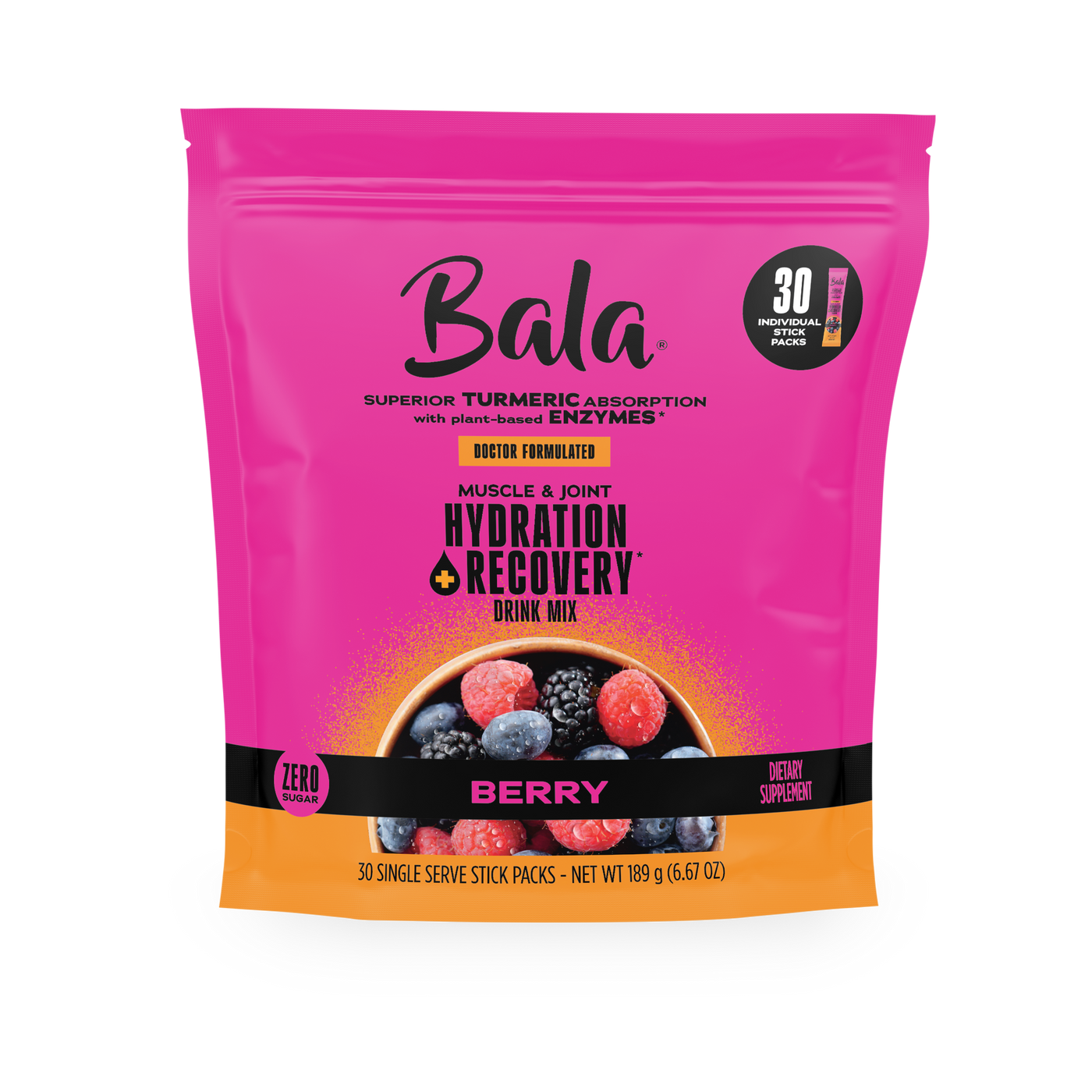 A pink and orange Bala Enzyme Bala Total Body Wellness Drink Mix bag in berry flavor, with images of berries, 30 single-serve packs, zero sugar, and plant-based electrolytes for rapid hydration.