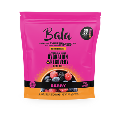 A pink and orange Bala Enzyme Bala Total Body Wellness Drink Mix bag in berry flavor, with images of berries, 30 single-serve packs, zero sugar, and plant-based electrolytes for rapid hydration.