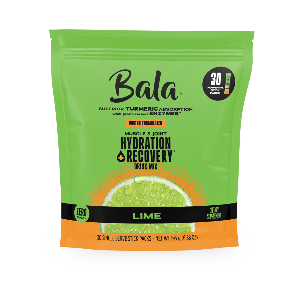 A green and orange Bala Enzyme Bala Total Body Wellness Drink Mix pouch with 30 single-serve stick packs, plant-based electrolytes, doctor-formulated for rapid hydration, zero sugar, dietary supplement.