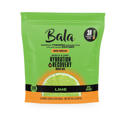 A green and orange Bala Enzyme Bala Total Body Wellness Drink Mix pouch with 30 single-serve stick packs, plant-based electrolytes, doctor-formulated for rapid hydration, zero sugar, dietary supplement.