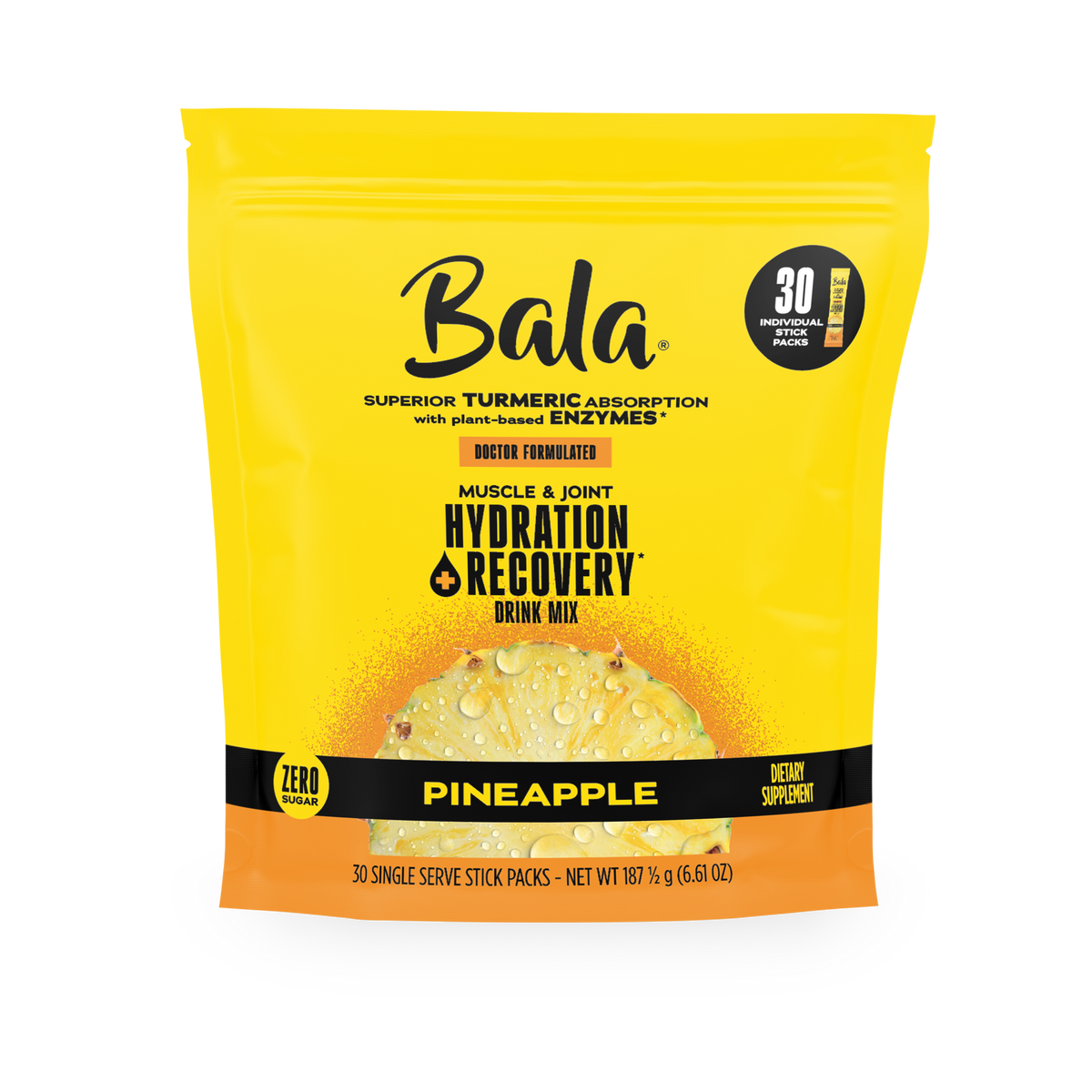 Front view of a yellow Bala Enzyme Total Body Wellness Drink Mix package, pineapple flavor, containing 30 single-serve stick packs with plant-based electrolytes for rapid hydration.