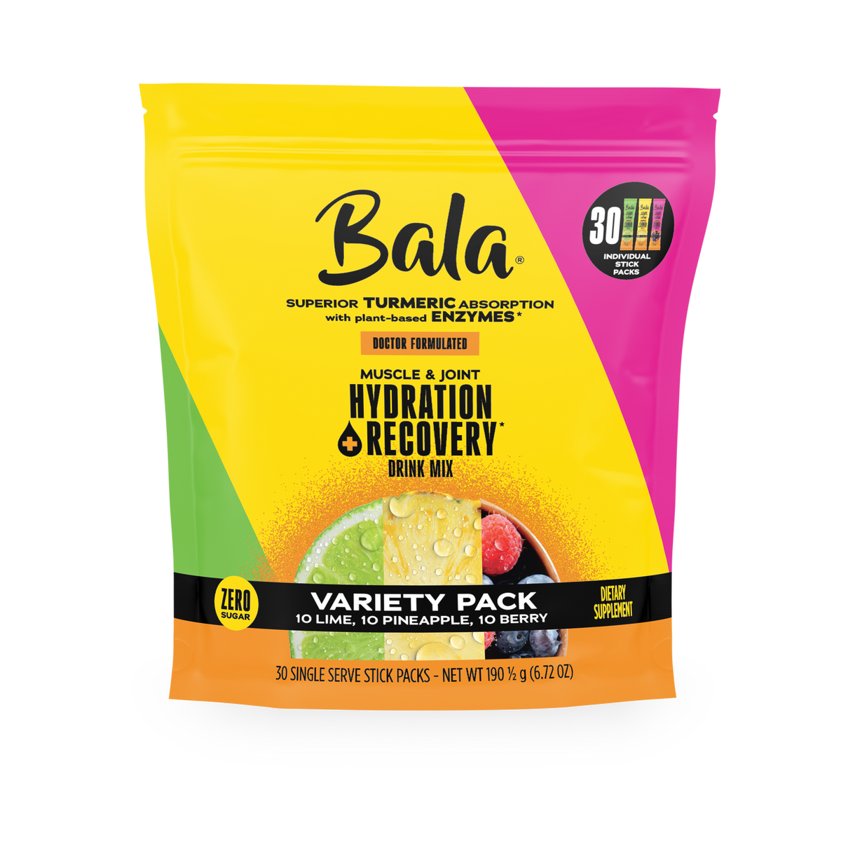 Front view of a Bala Enzyme Bala Total Body Wellness Drink Mix variety pack with 30 single-serve sticks, offering plant-based electrolytes in lime, pineapple, and berry flavors for rapid hydration and recovery.