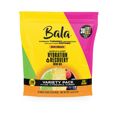 Front view of a Bala Enzyme Bala Total Body Wellness Drink Mix variety pack with 30 single-serve sticks, offering plant-based electrolytes in lime, pineapple, and berry flavors for rapid hydration and recovery.