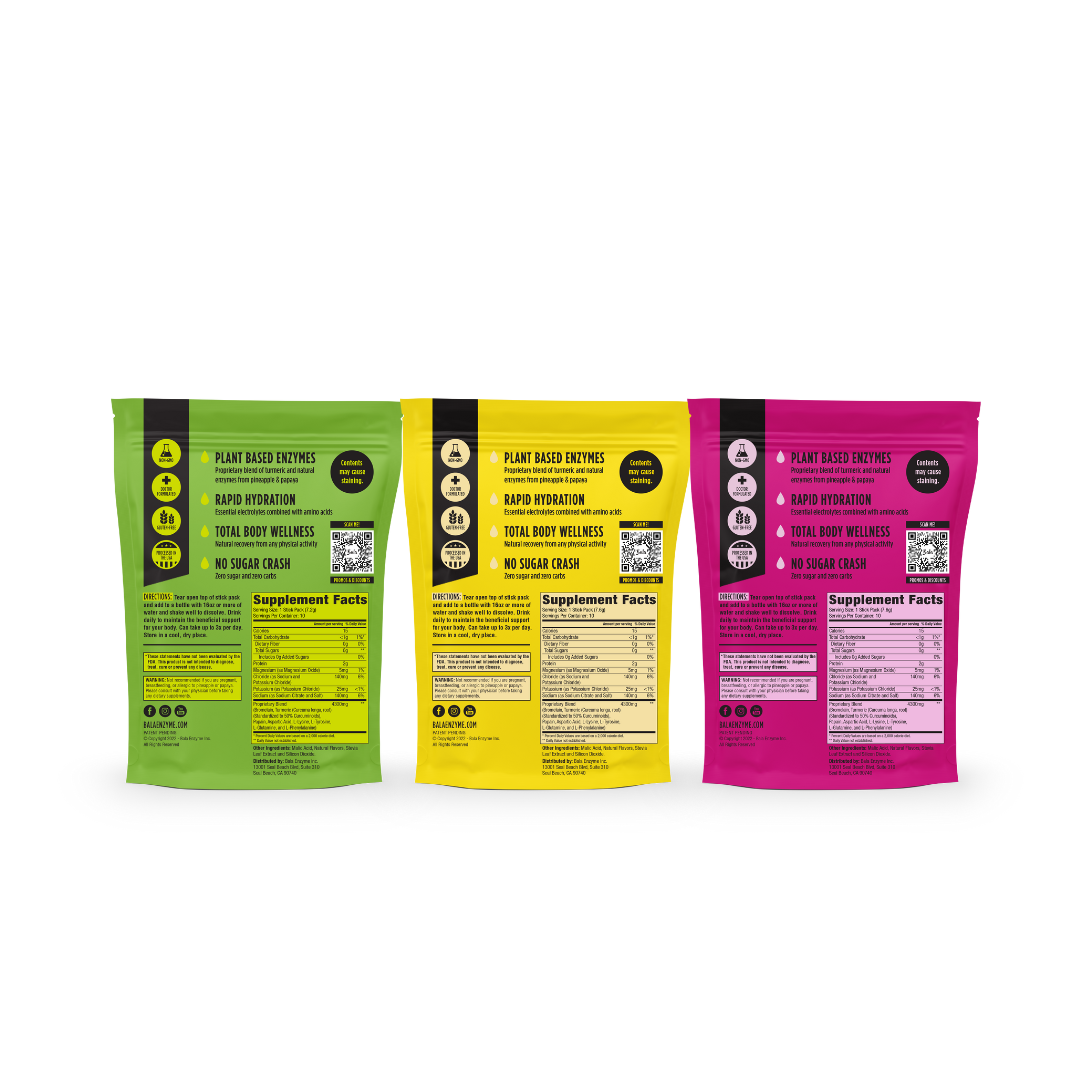 Three colorful supplement packets (green, yellow, red) stand side-by-side. Each packet highlights plant-based nutrients, rapid hydration for muscle recovery, and no sugar crash. Supplement facts are printed on the back. This is Everyone's Favorite Bundle by Bala Enzyme.