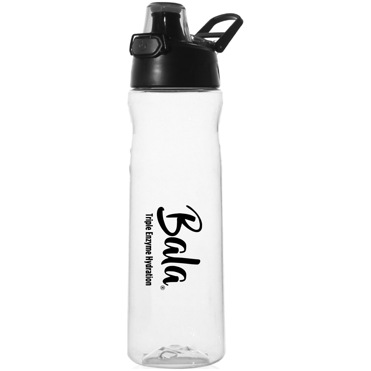 A clear plastic 34oz bottle labeled "The Bala Bottle" from Bala Enzyme with a black flip-top lid and carrying handle, promoting Total Body Wellness Drink, and is BPA free.