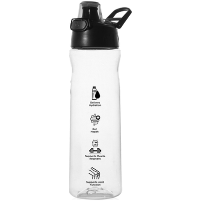 A 34oz BPA-free clear water bottle with a black lid, The Bala Bottle by Bala Enzyme, features icons depicting its benefits: hydration, gut health, muscle recovery, and joint function – all essential for total body wellness.
