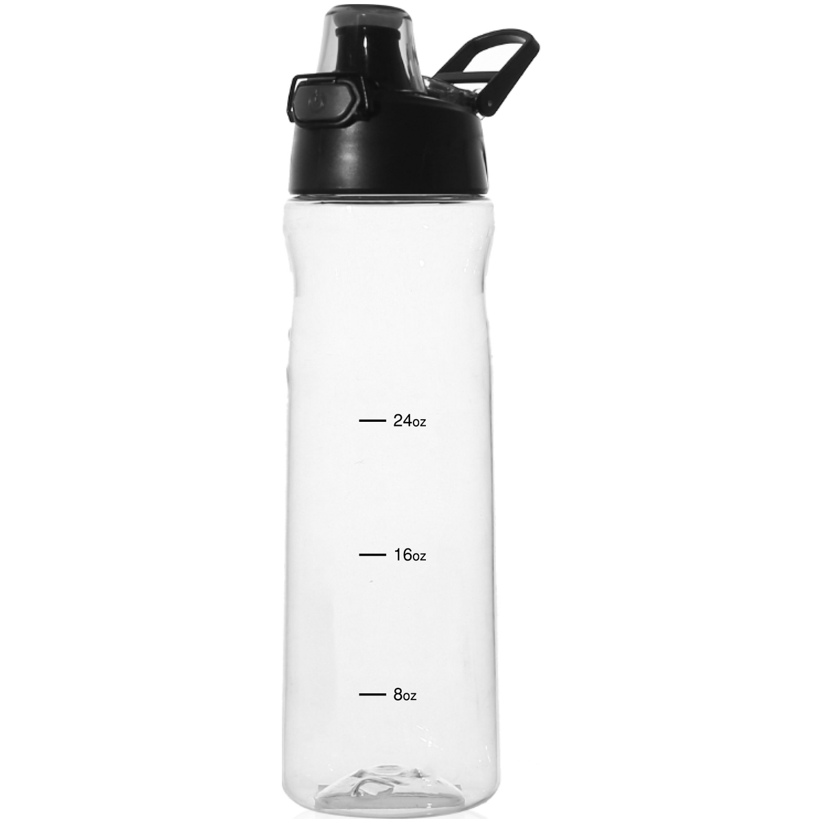 A clear plastic, BPA-free water bottle with a black screw-on lid and a flip-top spout. It has measurement markings for 8 oz, 16 oz, and 24 oz, making it ideal for tracking your Bala Enzyme The Bala Bottle consumption effortlessly.