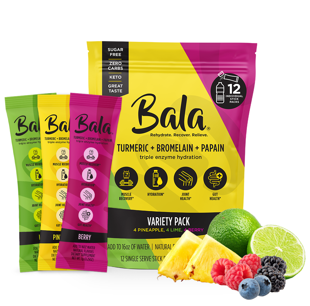 A variety pack of Bala Enzyme Bala Total Body Wellness Drink Mix featuring different flavors, highlighting key health benefits like plant-based hydration and electrolytes. Packets come in several sizes, accompanied by images of assorted fruits.